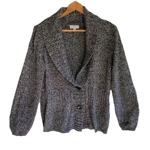Black/White Marled Chunky Knit Shaw Collar Cardigan Button Front Sweater XL